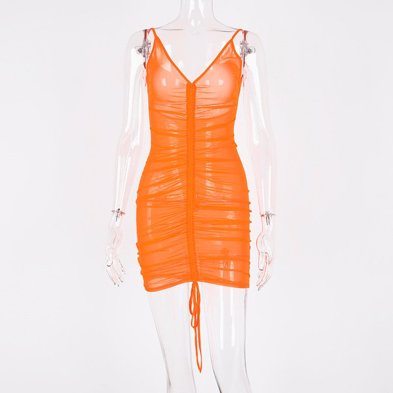 She Scrunch Sheer Cover Up Dress -WHITE & ORANGE