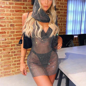 Diamond Mesh Chain Halter Dress